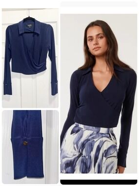 Ever New Matisse Wrap Top Royal Navy Blue Long Sleeves Size Small